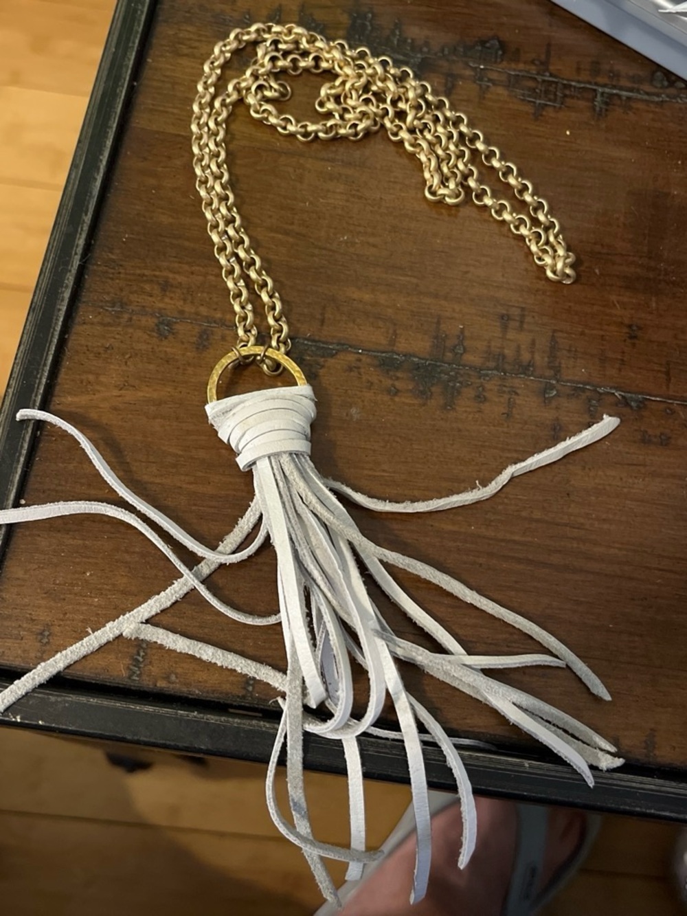 Gold Chain Tassel Necklace with White Leather Fringe 17444